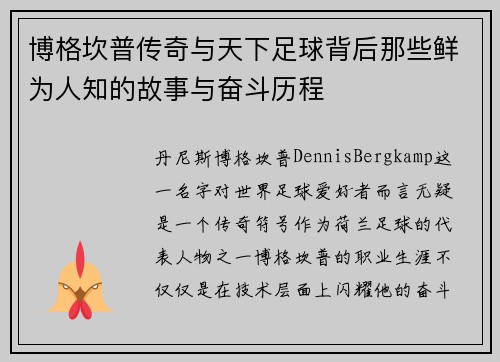 博格坎普传奇与天下足球背后那些鲜为人知的故事与奋斗历程